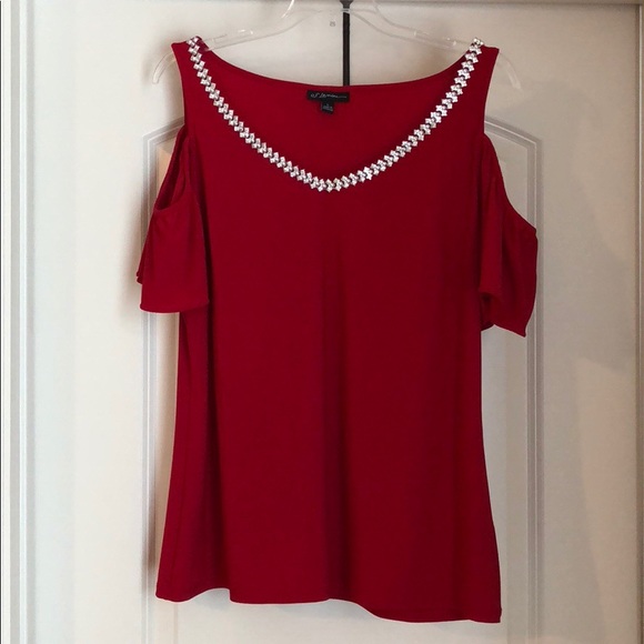 S. Levine Tops - S. Levine Red Rhinestone V-neck Cold Shoulder Top